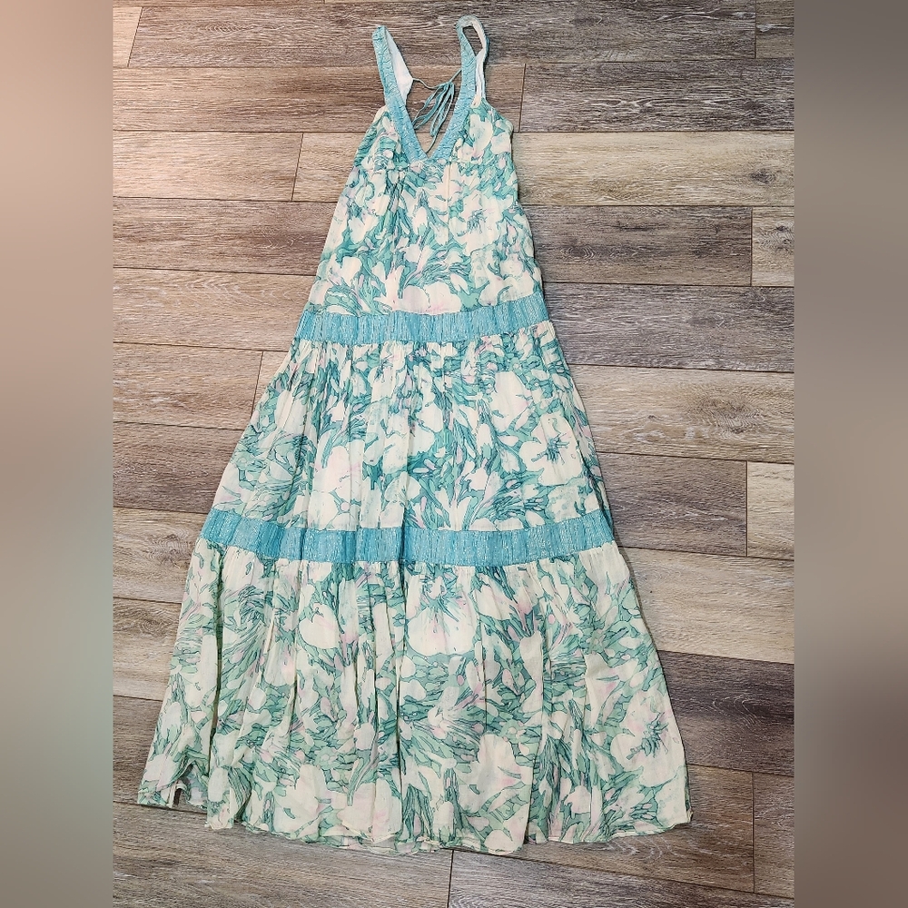 Rebecca Taylor Cream and Blue Floral Dress Tiered Boho Maxi Dress Size 4